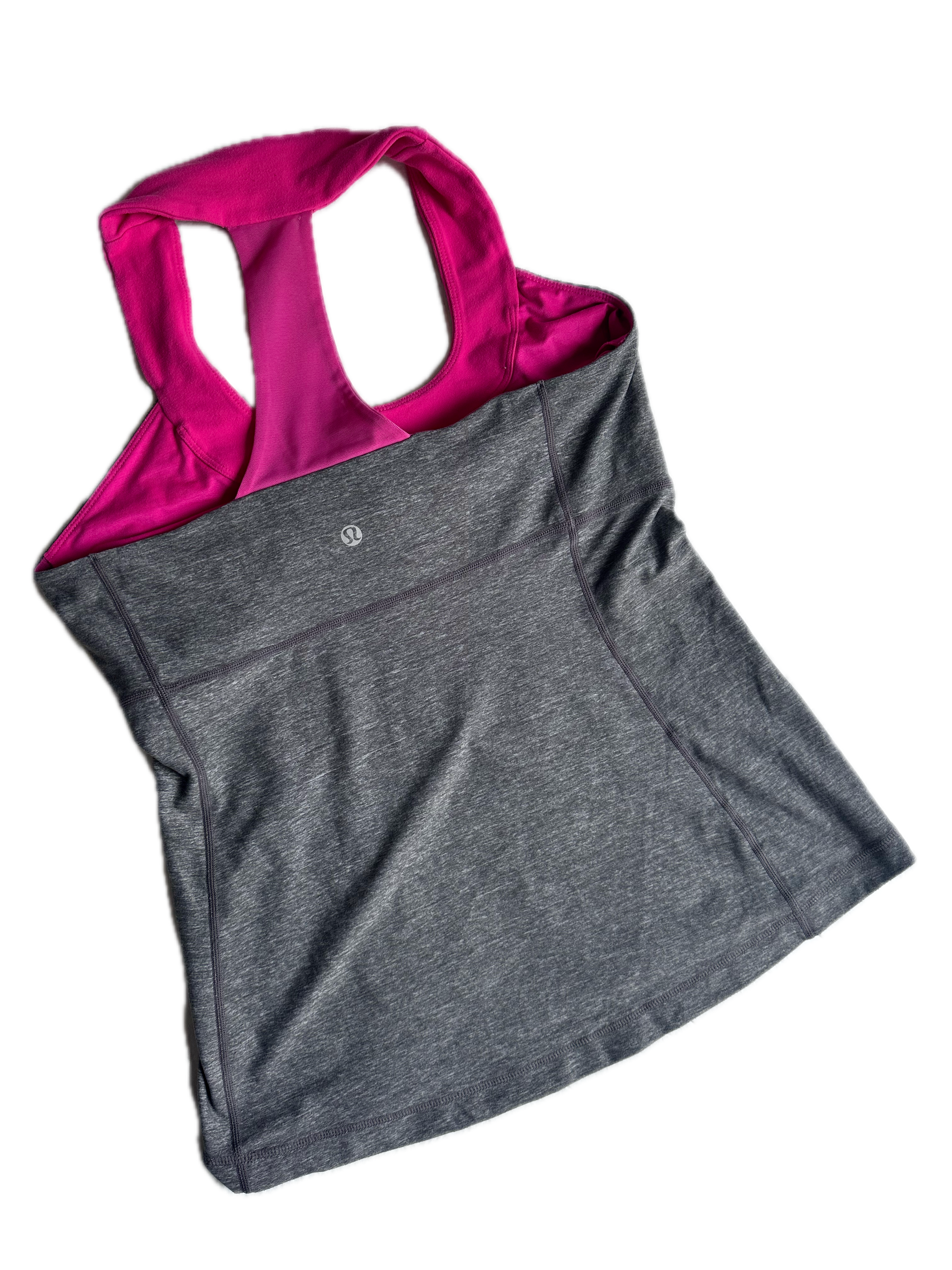 Tank top Lululemon talla G gris con rosa halter