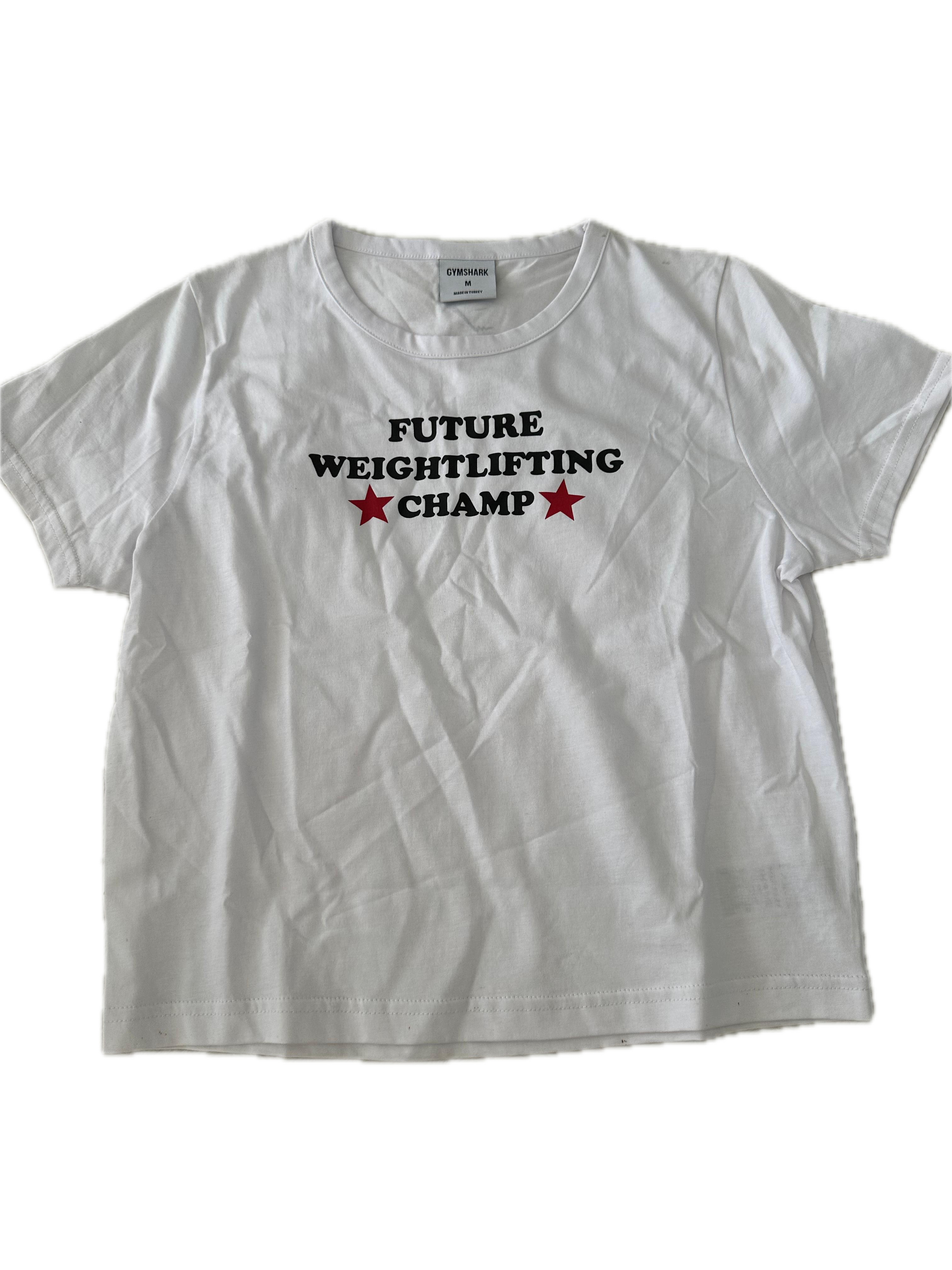 Playera talla M blanca con letras CHAMP